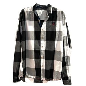 Black and white mens button down with red threading